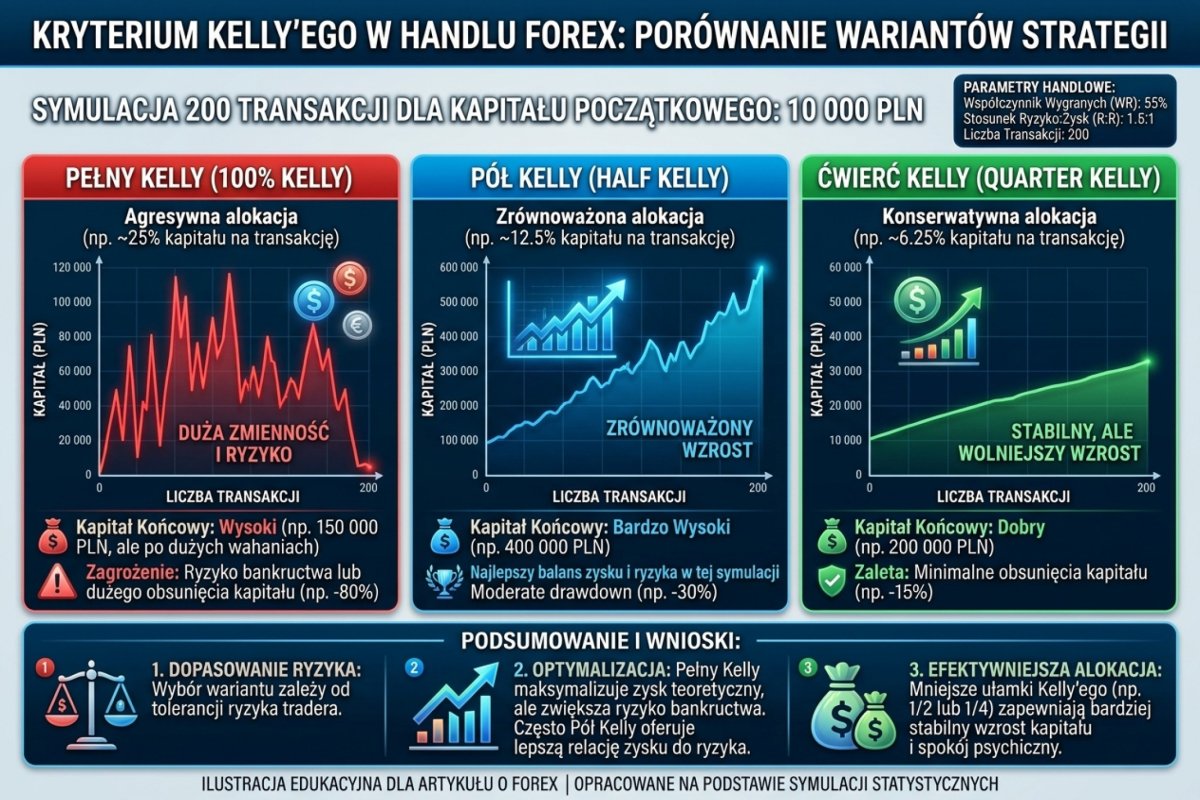 Kelly Criterion — porównanie pełnego Kelly (25%) vs half Kelly (12,5%) vs quarter Kelly (6,25%) na symulacji 200 transakcji z WR 55% i R:R 1,5:1