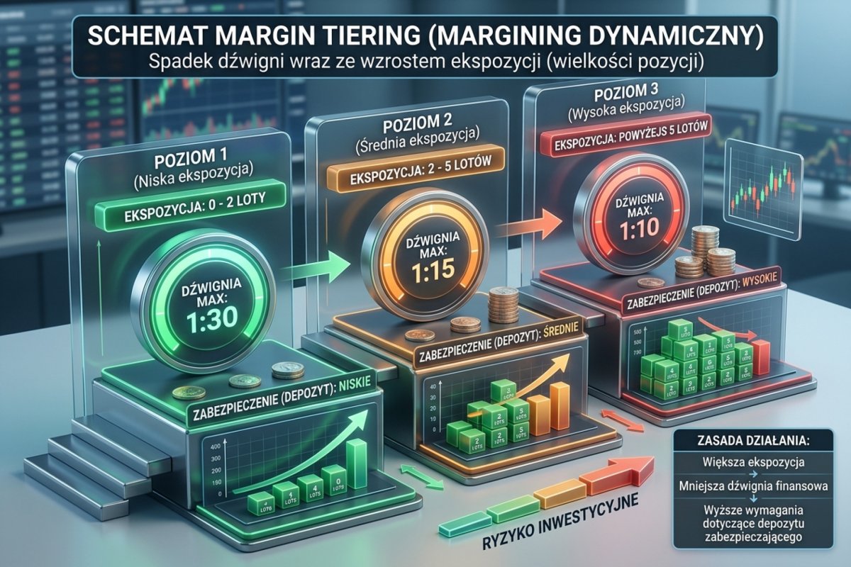 Schemat Margin Tiering — jak dźwignia spada wraz ze wzrostem ekspozycji: 0-2 loty = 1:30, 2-5 lotów = 1:15, powyżej 5 lotów = 1:10
