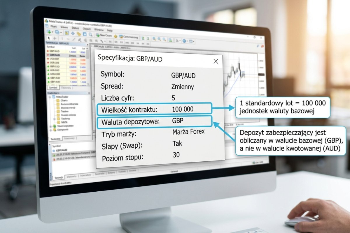 Zrzut ekranu okna Specyfikacja w MT4 dla pary GBP/AUD, z zaznaczonym Wielkość kontraktu: 100 000 oraz Waluta depozytowa: GBP — aby uświadomić różnicę w kalkulacji marginu