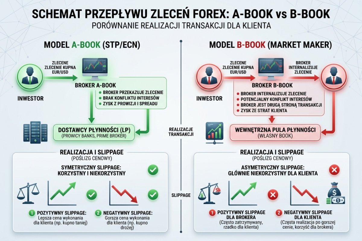 A-Book vs B-Book — schemat przepływu zleceń: A-Book kieruje zlecenie do LP z symetrycznym slippage, B-Book internalizuje flow z asymetrycznym slippage na niekorzyść klienta