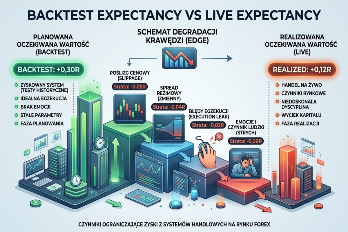 Backtest expectancy vs live expectancy — schemat degradacji edge: planned +0,30R przez slippage, spread reżimowy, emocje i execution leak do realized +0,12R