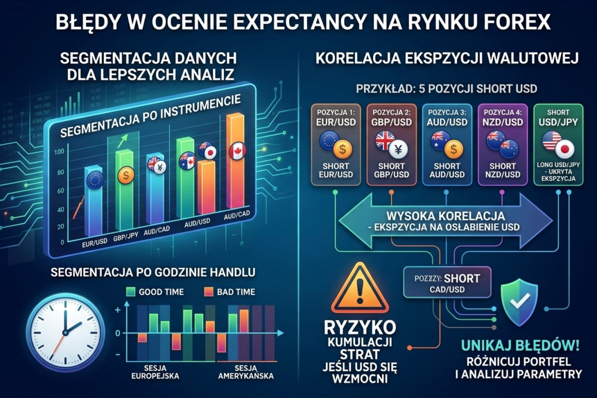 Błędy w ocenie expectancy — segmentacja po instrumencie i godzinie, korelacja ekspozycji walutowej przy 5 pozycjach short USD