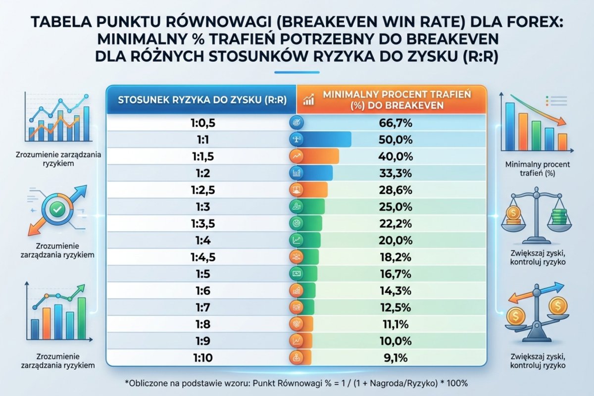 Tabela breakeven win rate dla różnych R:R — od 1:0,5 do 1:10 z minimalnym procentem trafień potrzebnym do breakeven