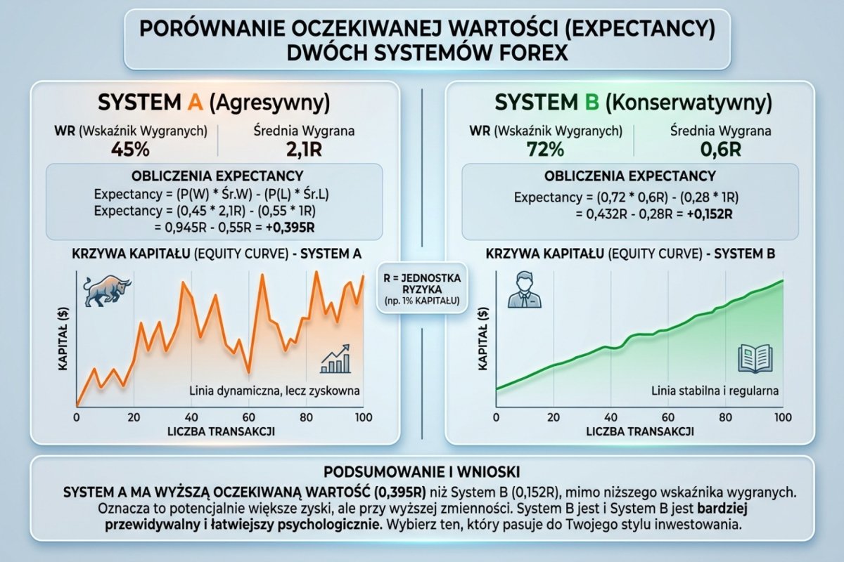 Porównanie expectancy dwóch systemów — System A (WR 45%, avgWin 2,1R) vs System B (WR 72%, avgWin 0,6R) z obliczeniami i equity curve