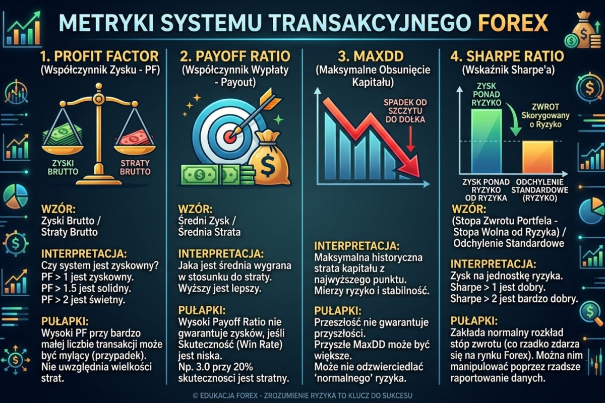 Metryki systemu transakcyjnego — PF, Payoff Ratio, MaxDD, Sharpe Ratio z interpretacją i pułapkami