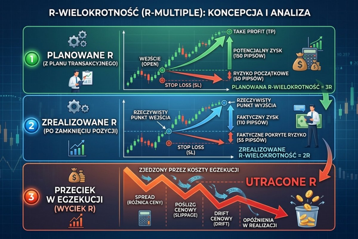 R-multiple — trzy warstwy: planned R z planu trade, realized R po zamknięciu, execution R leak zjedzony przez spread drift i slippage
