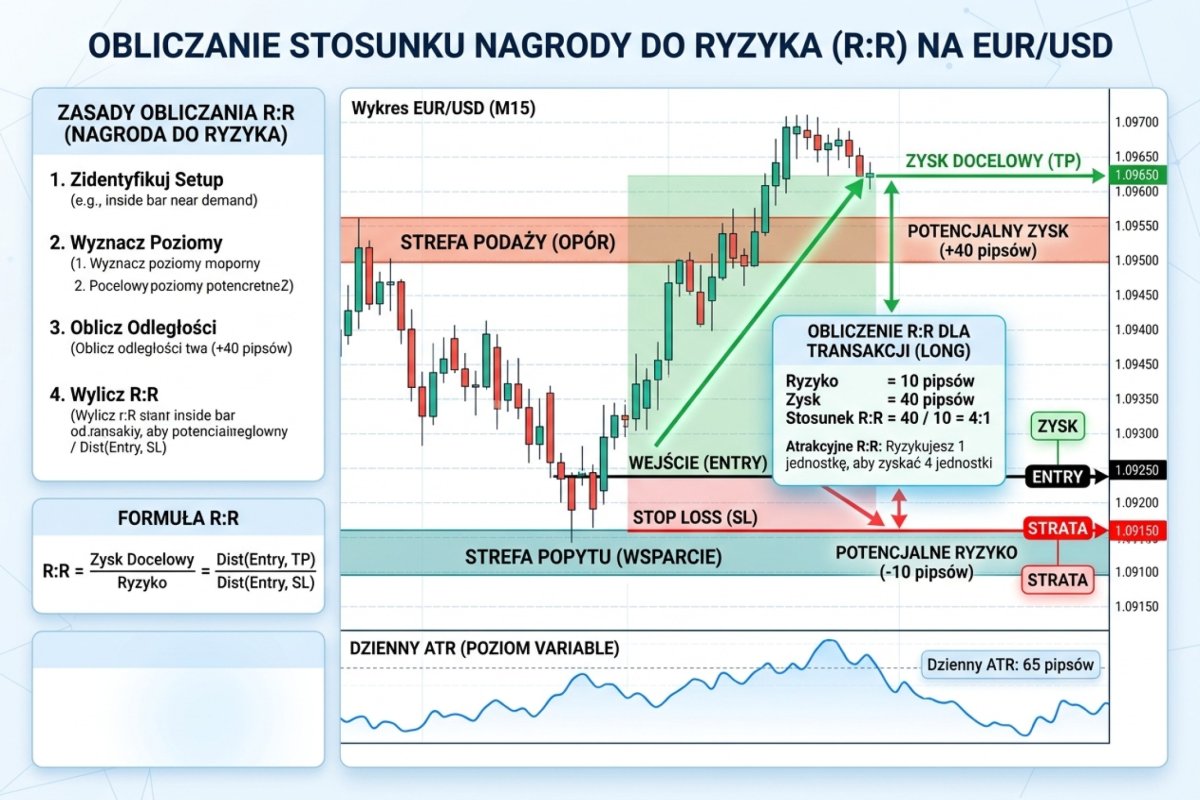 Obliczanie R:R na wykresie EUR/USD — odległość od entry do SL i od entry do TP z zaznaczonymi strefami podaży i popytu oraz dziennym ATR w tle