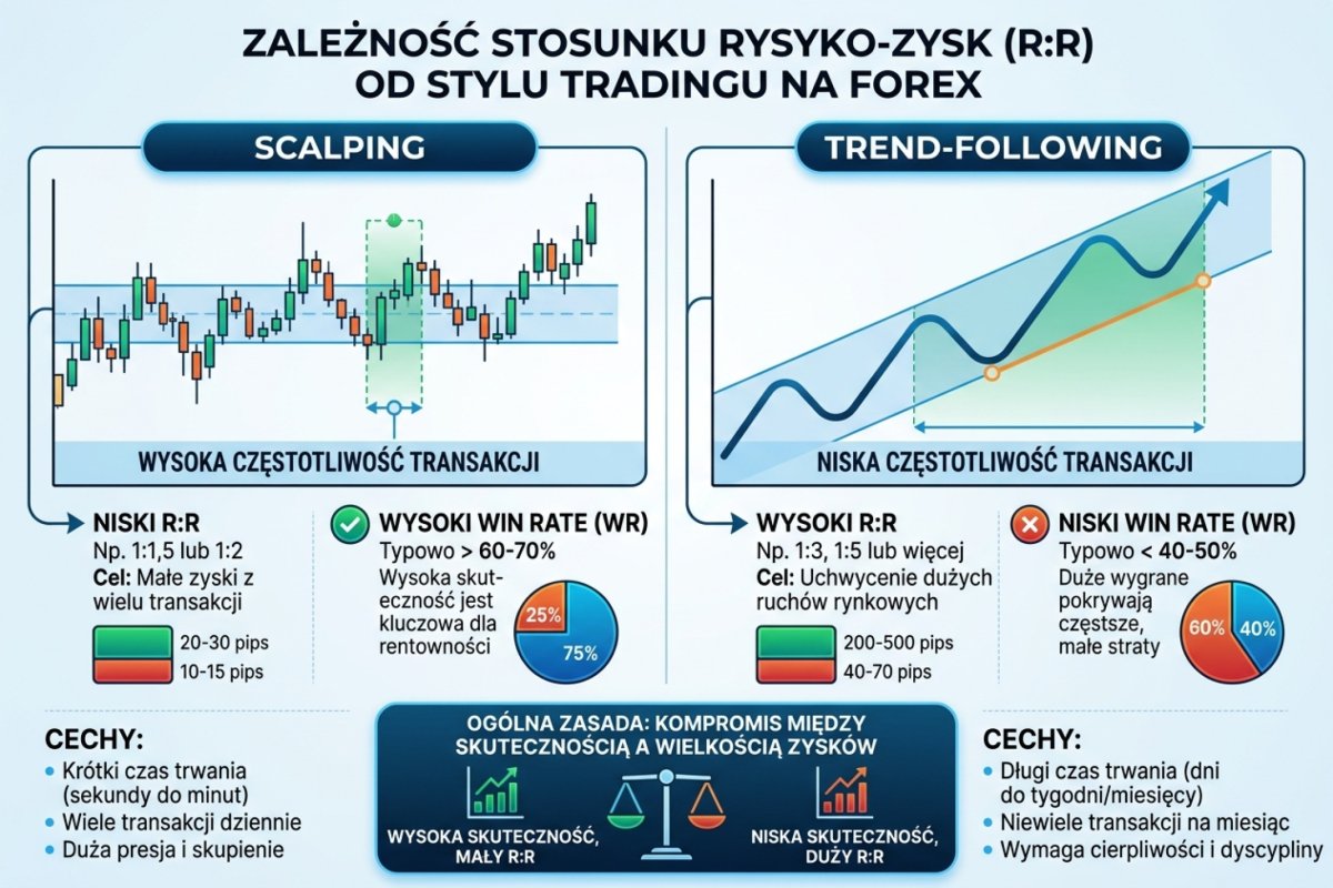 Zależność R:R od stylu tradingu — scalping (niski R:R, wysoki WR) vs trend-following (wysoki R:R, niski WR) z typowymi parametrami