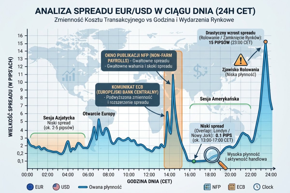 Wykres spreadu EUR/USD w funkcji godziny dnia — od 0,1 pipsa w overlapie Londyn/NY do 15 pipsów w rolowaniu 23:00 CET z zaznaczonymi oknami NFP i ECB