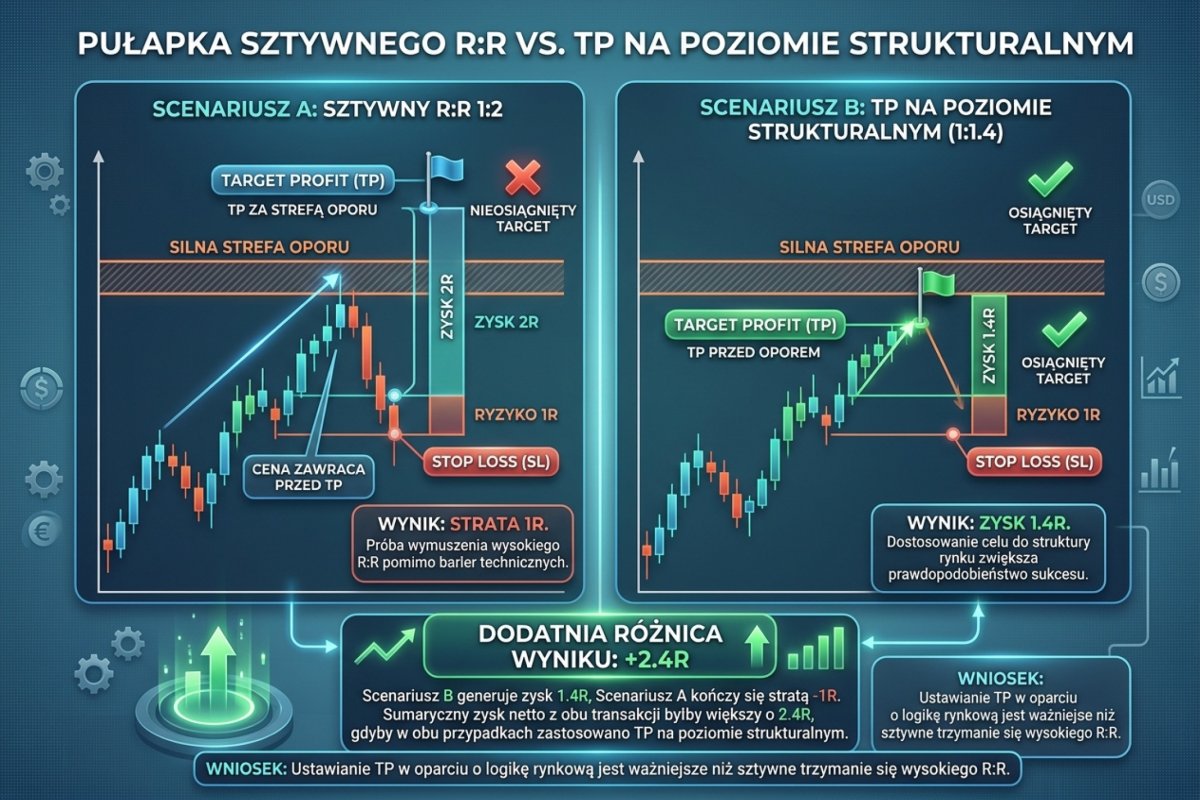Pułapka sztywnego R:R — TP ustawiony za strefą oporu (1:2) vs TP na poziomie strukturalnym (1:1,4) z różnicą wyniku 2,4R