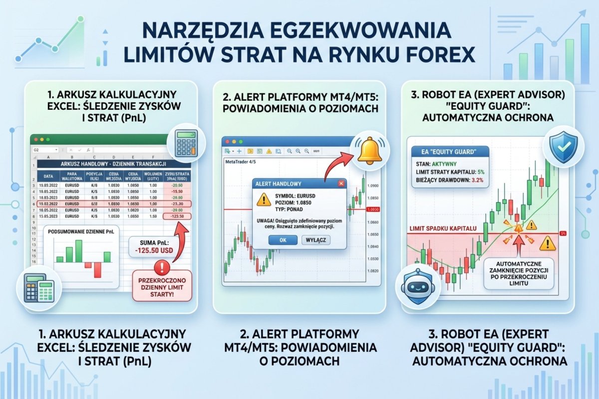Narzędzia egzekwowania limitów strat — zrzuty: arkusz Excel z PnL, alert MT4 z ustawieniami equity notification