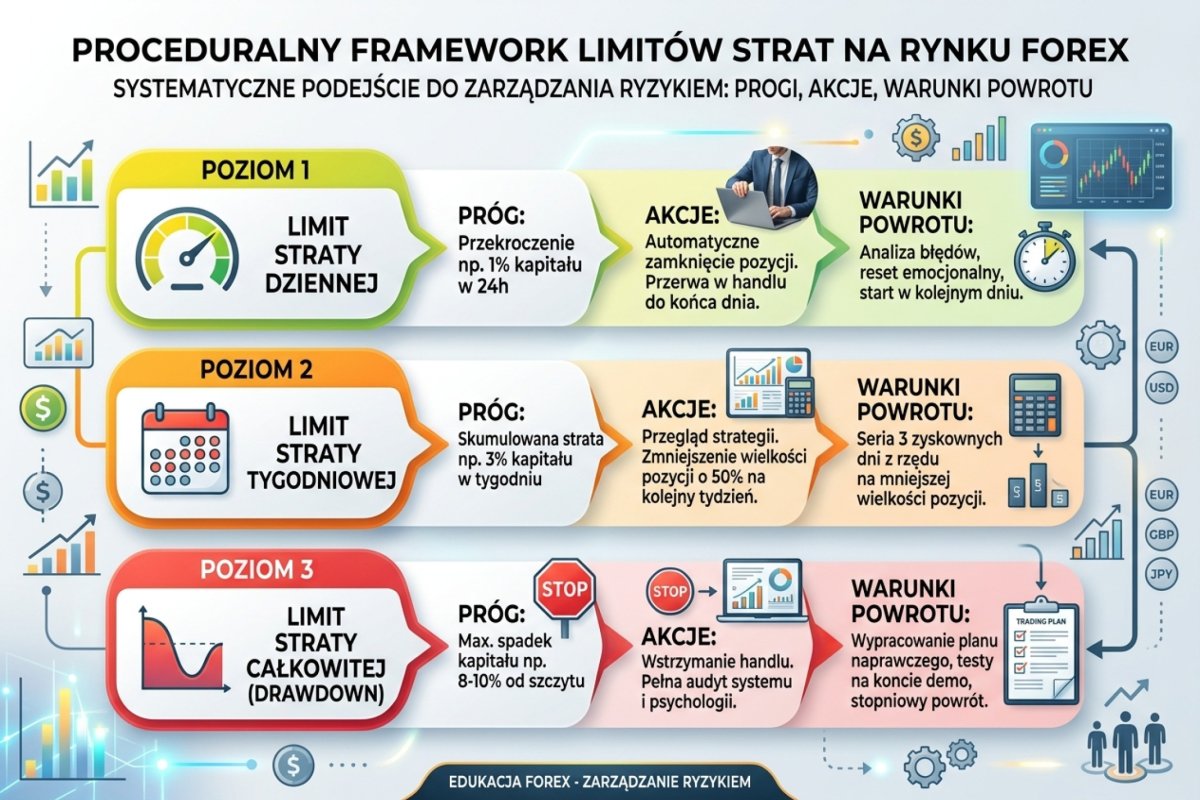 Proceduralny framework limitów strat — tabela z progami, akcjami i warunkami powrotu dla każdego poziomu