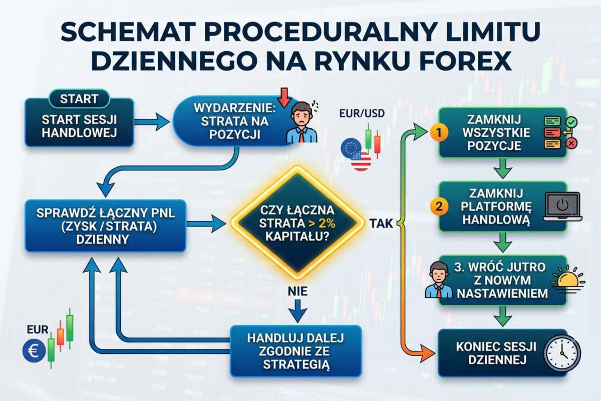 Schemat proceduralny limitu dziennego — flowchart: strata → sprawdź łączny PnL → jeśli > -2% → zamknij pozycje, zamknij platformę, wróć jutro