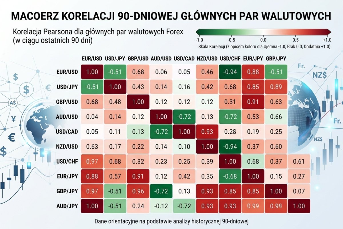 Macierz korelacji 90-dniowej głównych par walutowych — heatmapa od ciemnozielonego (-1,0) przez biały (0) do ciemnoczerwonenego (+1,0)