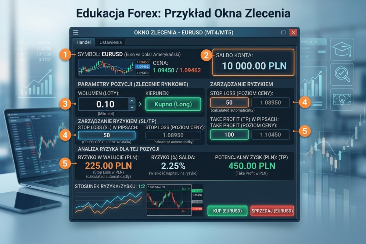 Zrzut ekranu z okna zlecenia MT4/MT5 — widoczne pola: balance, SL w pipsach, wielkość lota, ryzyko w walucie depozytowej