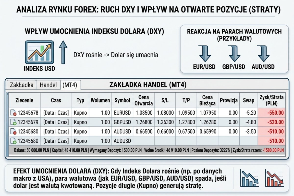 Zrzut z zakładki Trade w MT4 — 3 otwarte pozycje na EUR/USD, GBP/USD i AUD/USD, wszystkie na stracie jednocześnie po ruchu na DXY