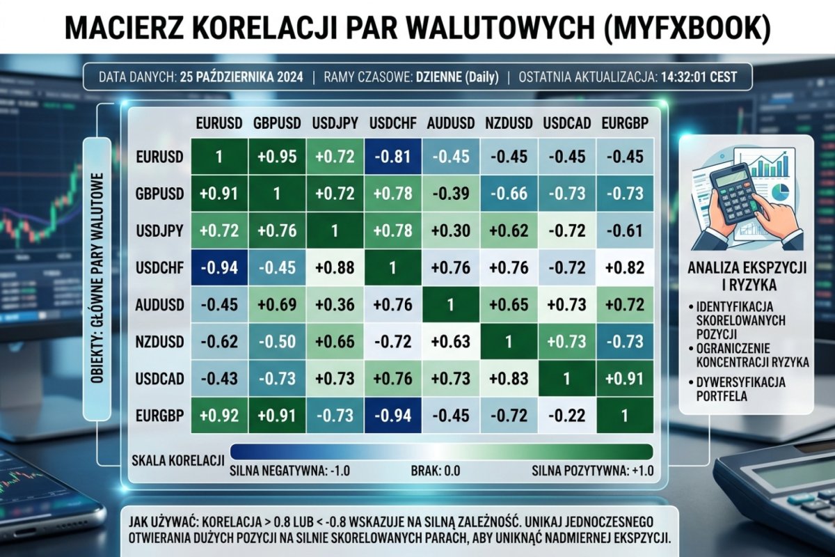 Zrzut ekranu z MyFxBook Correlation Matrix — realne dane korelacji par walutowych z datą, narzędzie do weryfikacji dynamicznej korelacji