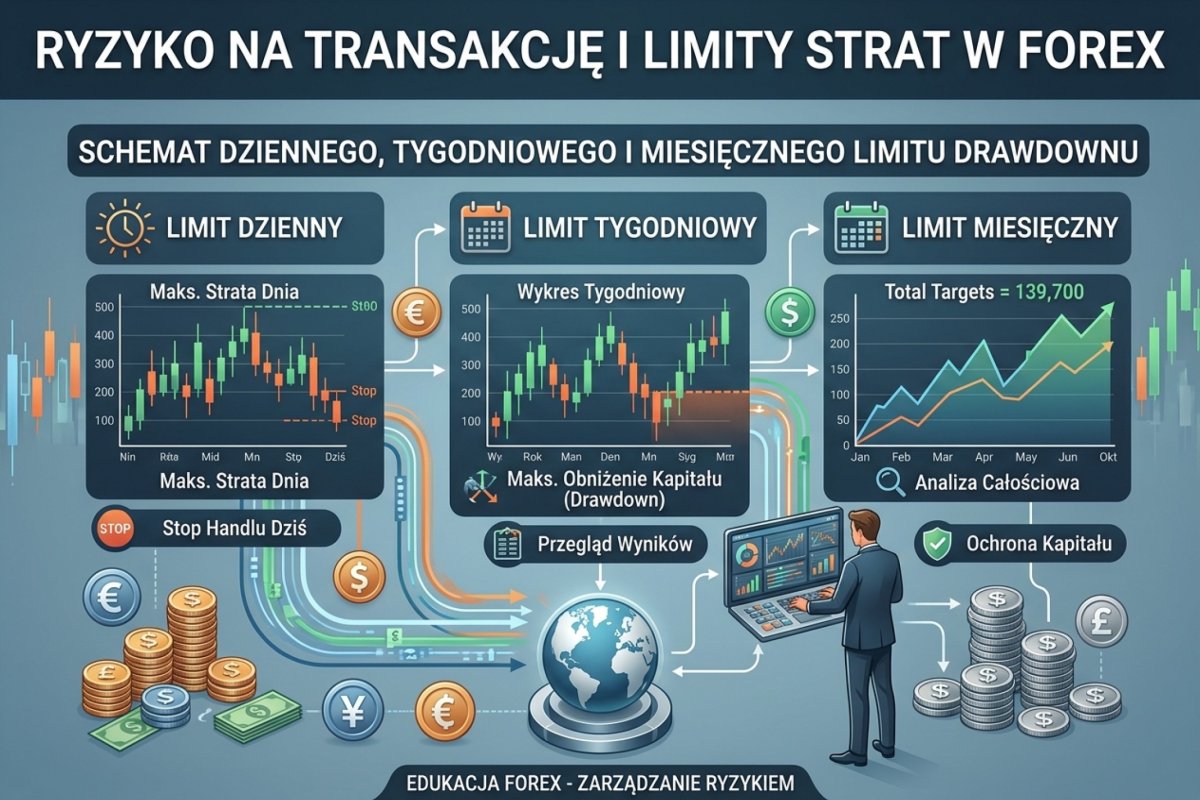 Ryzyko na transakcję i limity strat — schemat dziennego, tygodniowego i miesięcznego limitu drawdownu dla tradera Forex