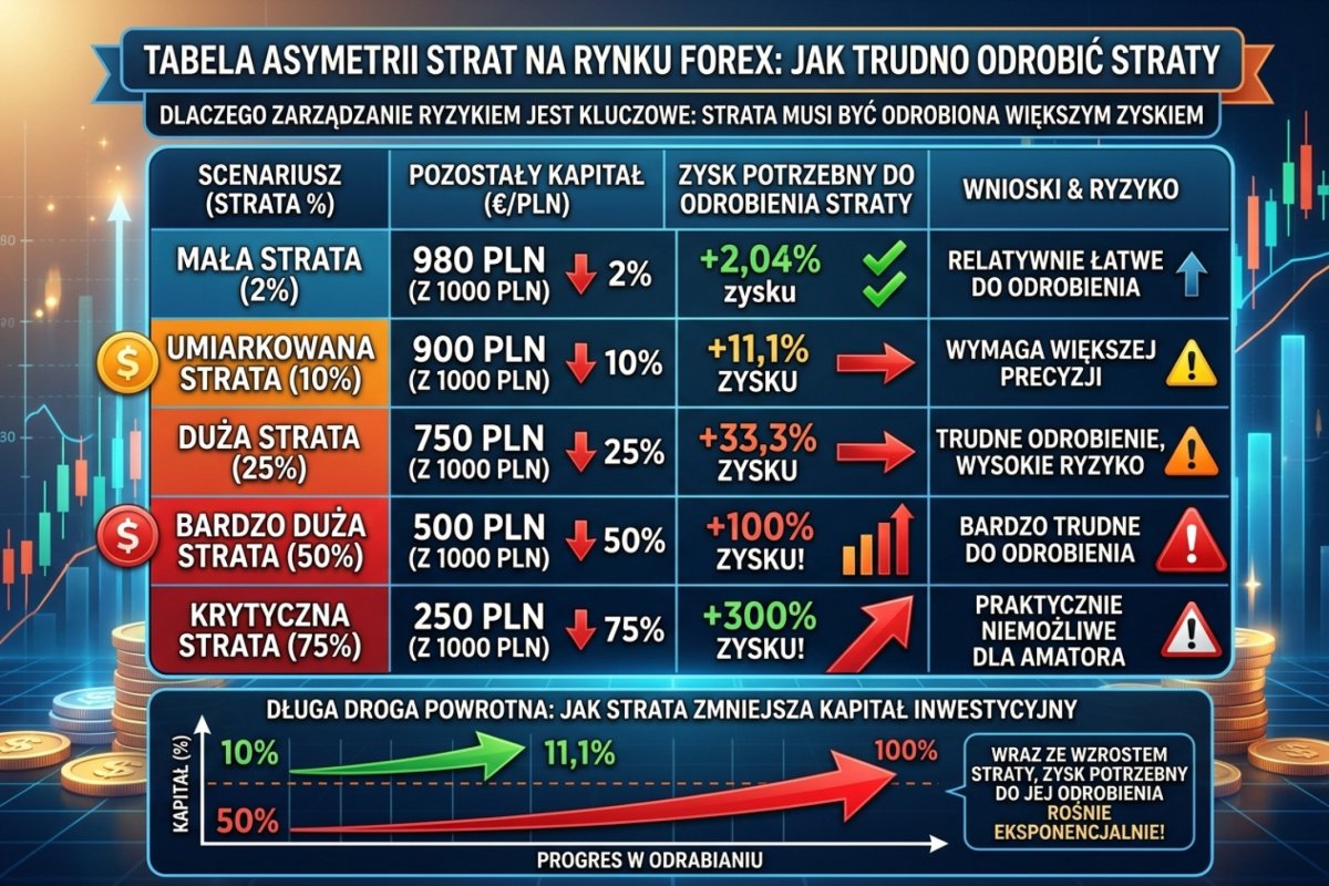 Tabela asymetrii strat — strata 10% wymaga 11% zysku, strata 50% wymaga 100% zysku do odrobienia