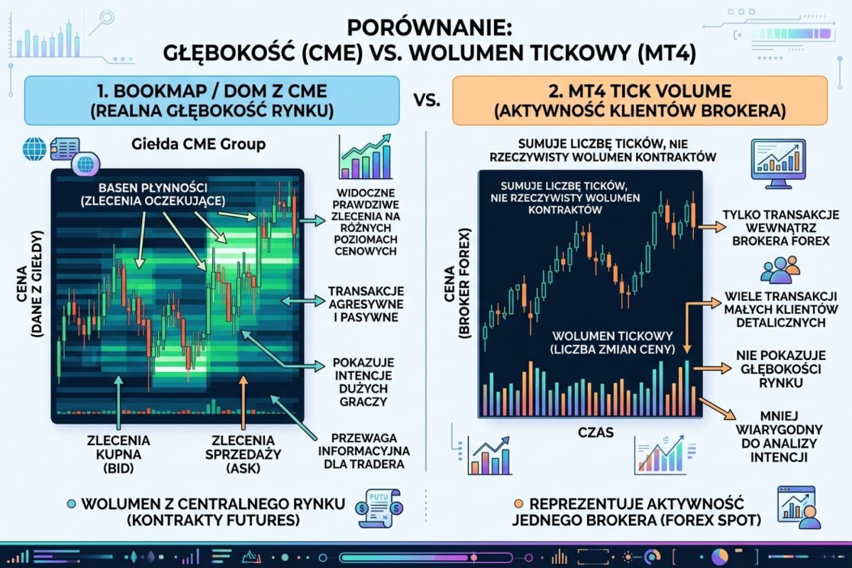 Porównanie: Bookmap / DOM z CME (realna głębokość rynku, widoczne baseny płynności) vs MT4 tick volume (aktywność klientów jednego brokera)