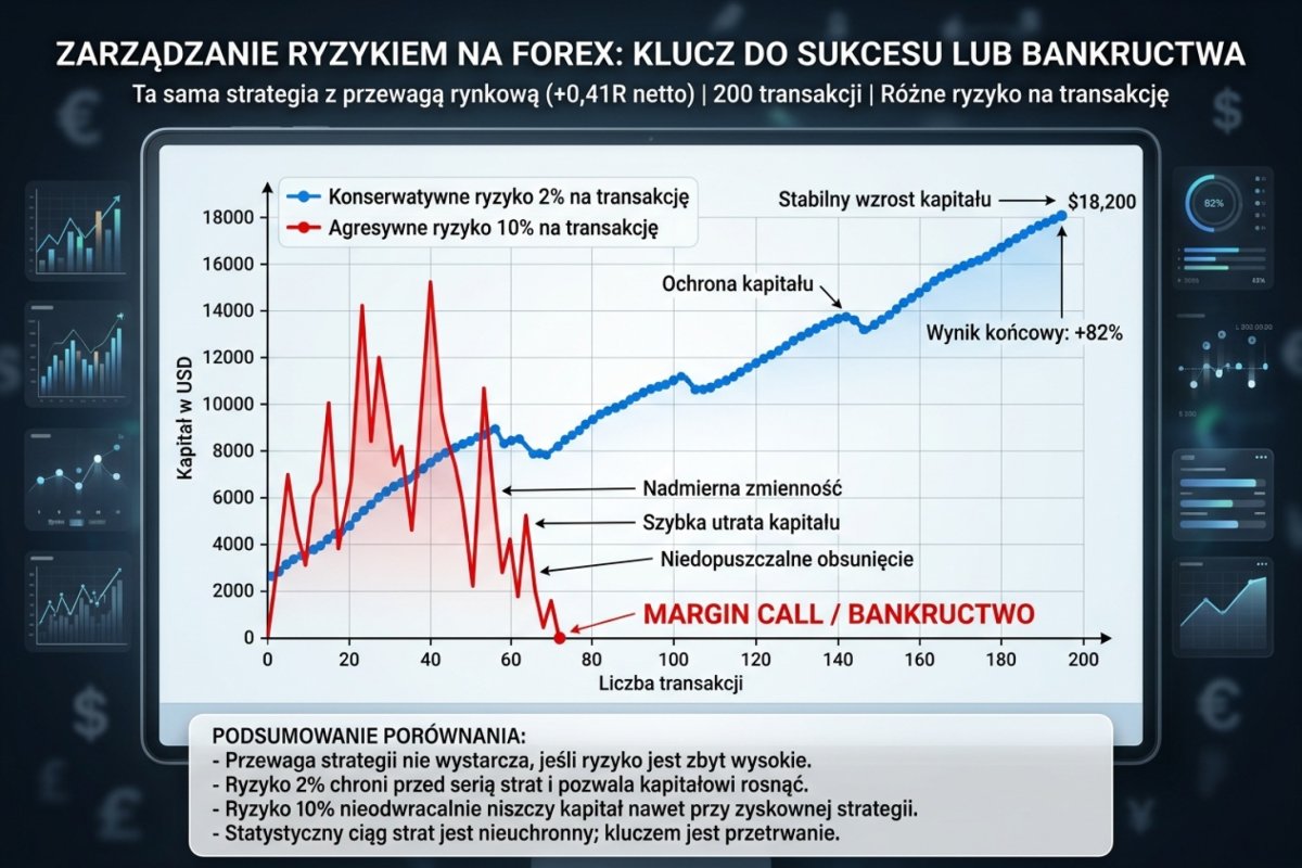 Zrzut z MT4 — historia rachunku z serią 6 czerwonych transakcji pod rząd, widoczny drawdown na equity curve i margin level spadający przy agresywnym position sizingu
