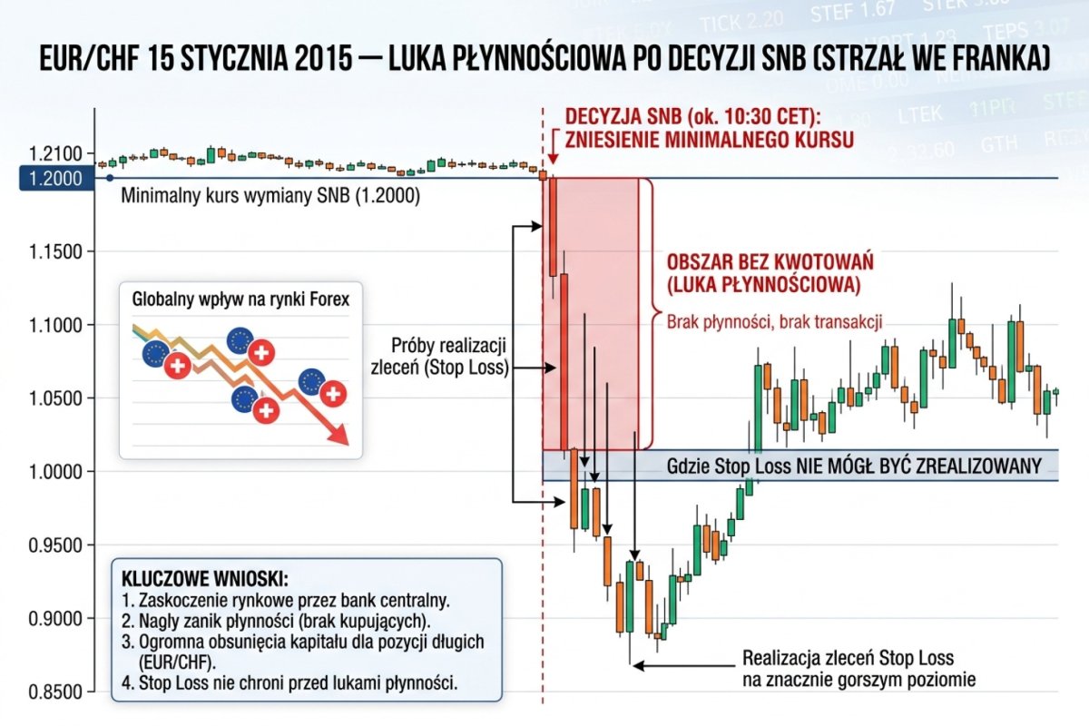 Wykres EUR/CHF 15 stycznia 2015 z TradingView — świeca z luką, zaznaczony obszar bez transakcji między 1,20 a 0,98