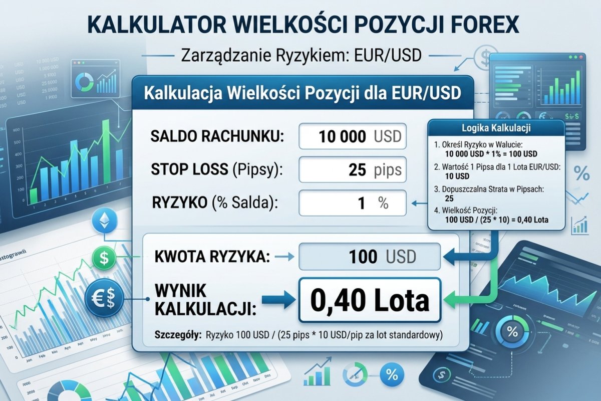 Zrzut z kalkulatora pozycji mybank.pl — wypełnione pola: balance 10 000 USD, risk 1%, SL 25 pips, EUR/USD = wynik 0,40 lota