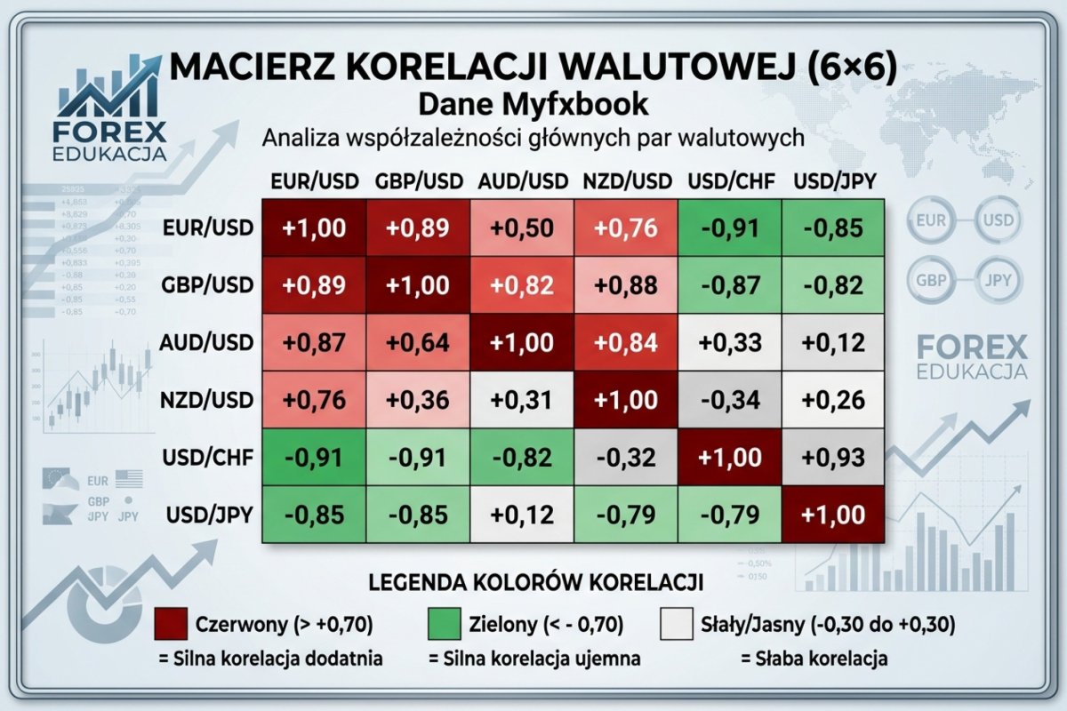 Macierz korelacji walutowej 6×6 z Myfxbook — EUR/USD, GBP/USD, AUD/USD, NZD/USD, USD/CHF, USD/JPY — heatmapa z kolorami ostrzegawczymi: czerwony >+0,70, zielony <-0,70