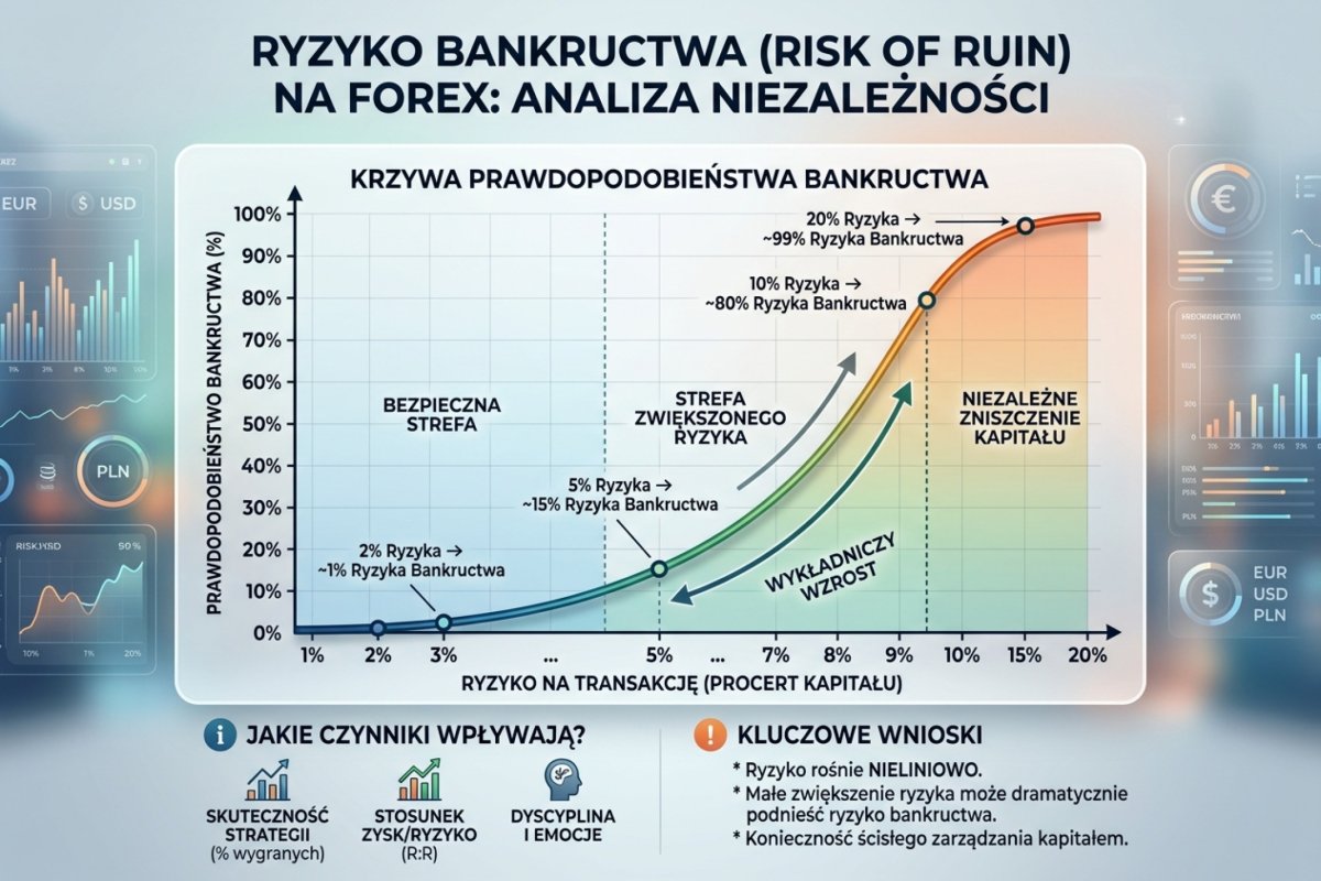 Risk of Ruin jako funkcja ryzyka na transakcję — krzywa pokazująca nieliniowy wzrost prawdopodobieństwa bankructwa