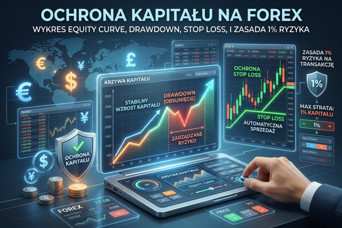 Ochrona kapitału na Forex — wykres equity curve z drawdownem, stop loss i zasada 1% ryzyka na transakcję