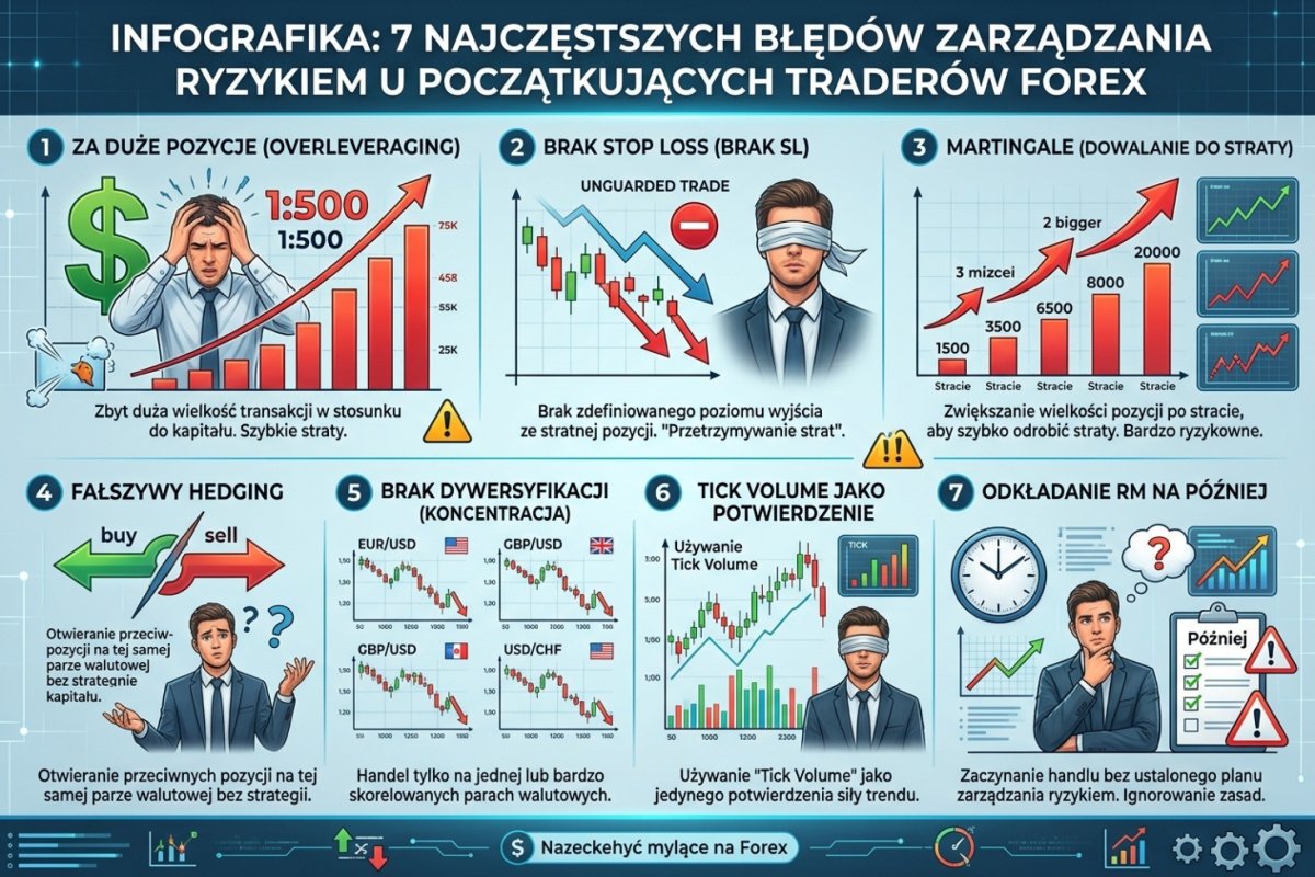 Infografika — 7 najczęstszych błędów zarządzania ryzykiem u początkujących traderów Forex: za duże pozycje, brak SL, martingale, fałszywy hedging, brak dywersyfikacji, tick volume jako potwierdzenie, odkładanie RM na później