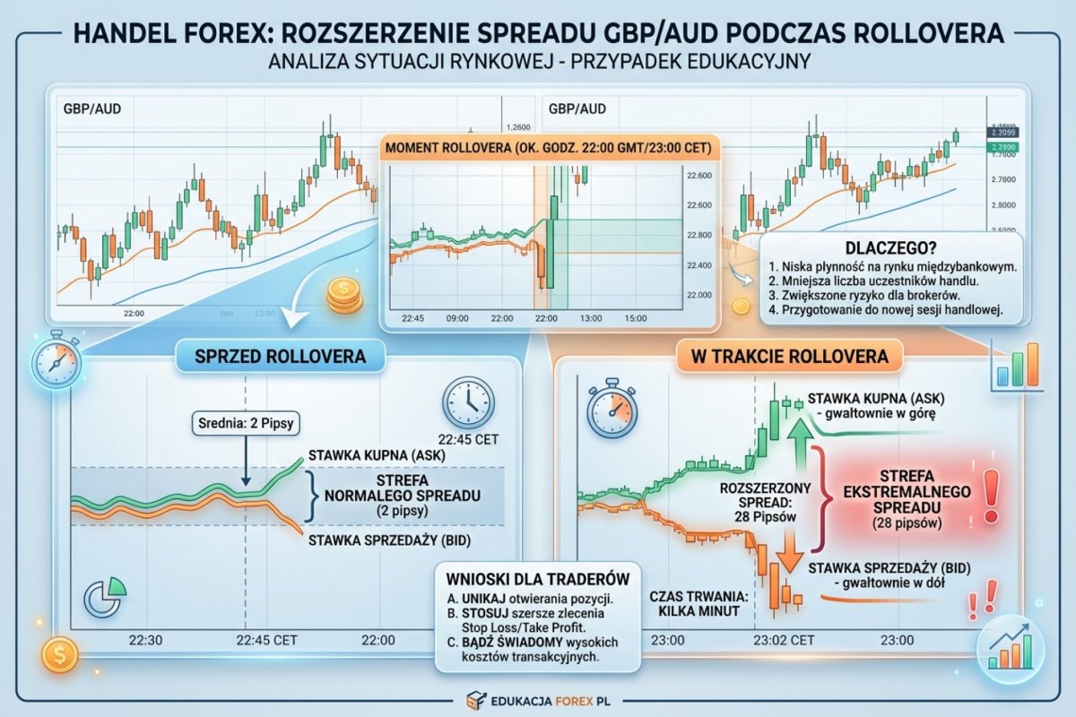 Zrzut z order booka / DOM — pustka w limit orders i drastyczny skok spreadu GBP/AUD podczas rollovera. Strzałka na powiększający się odstęp Bid/Ask.