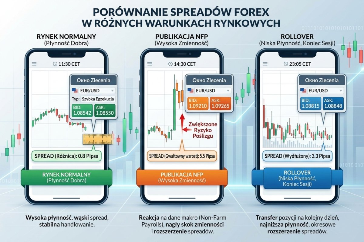 Porównanie spreadów — normalny rynek vs publikacja NFP vs rollover. Zrzuty ekranu z platformy.