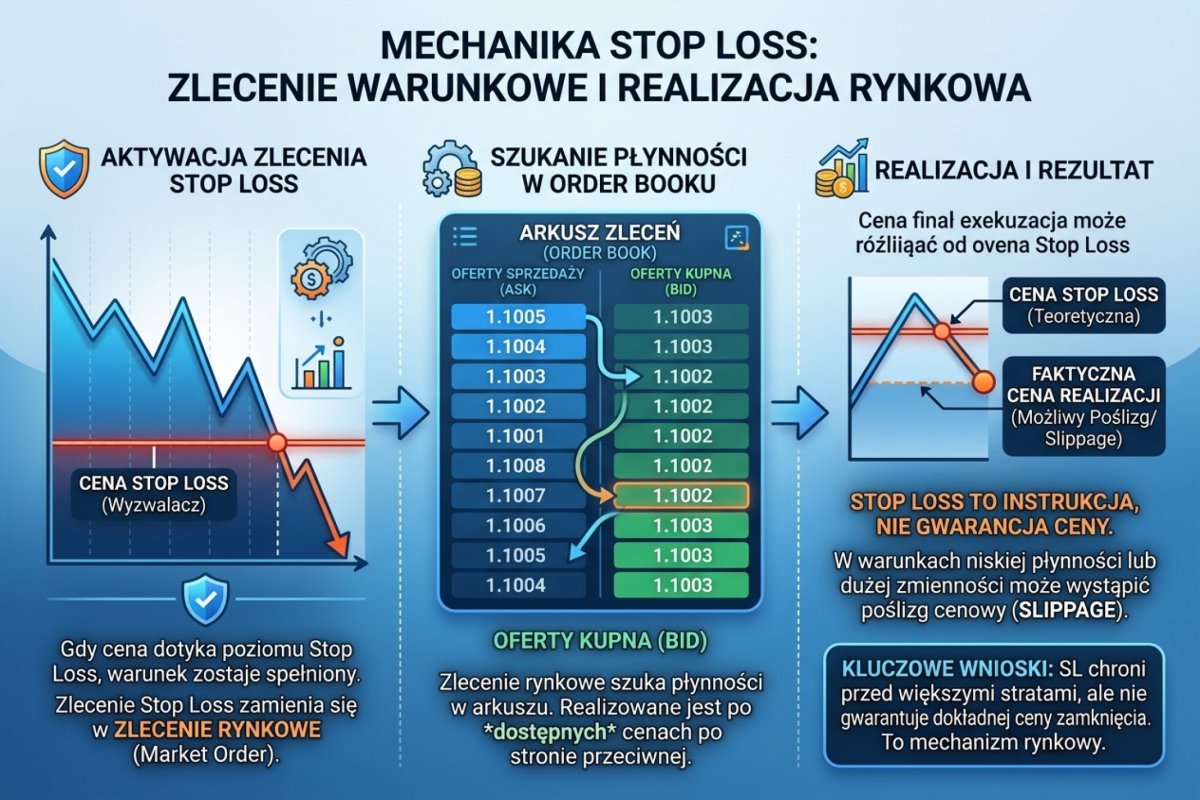 Wykres tickowy z rozjazdem ceny i fillami — zaznaczony poziom SL, rzeczywisty fill niżej, podpis plan ≠ execution