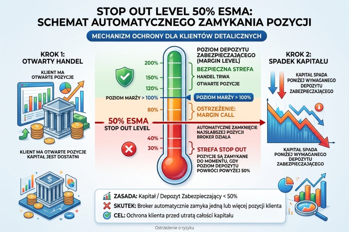 Stop Out Level 50% ESMA — schemat pokazujący kiedy broker automatycznie zamyka pozycje klienta