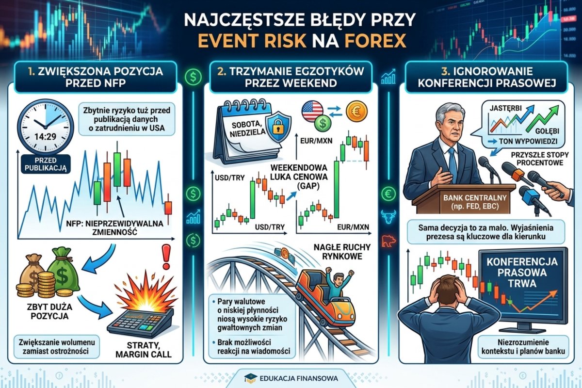 Najczęstsze błędy przy event risk — zwiększona pozycja przed NFP, trzymanie egzotyków przez weekend, ignorowanie konferencji prasowej