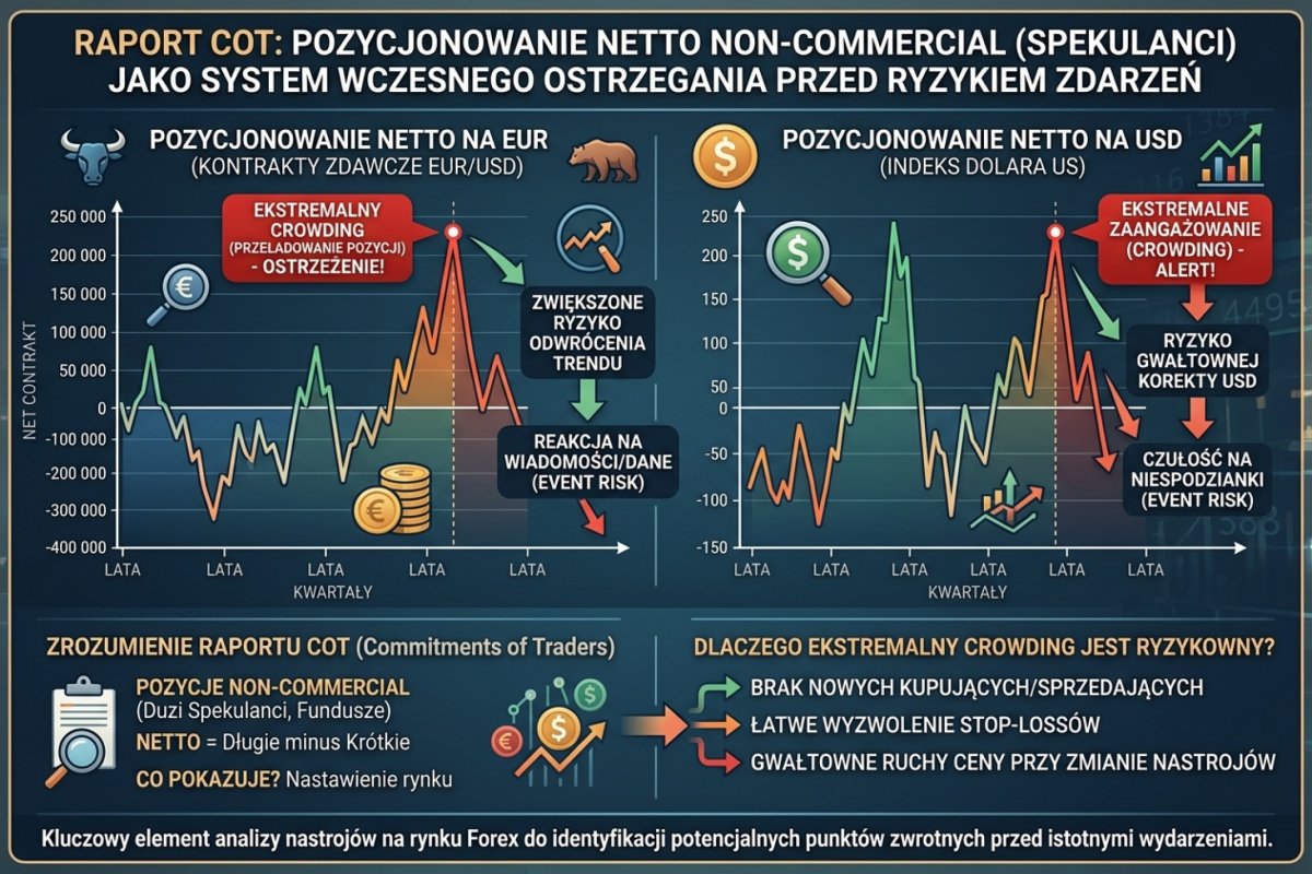 Raport COT — pozycjonowanie netto non-commercial na EUR i USD: ekstremalny crowding jako early warning system przed event risk