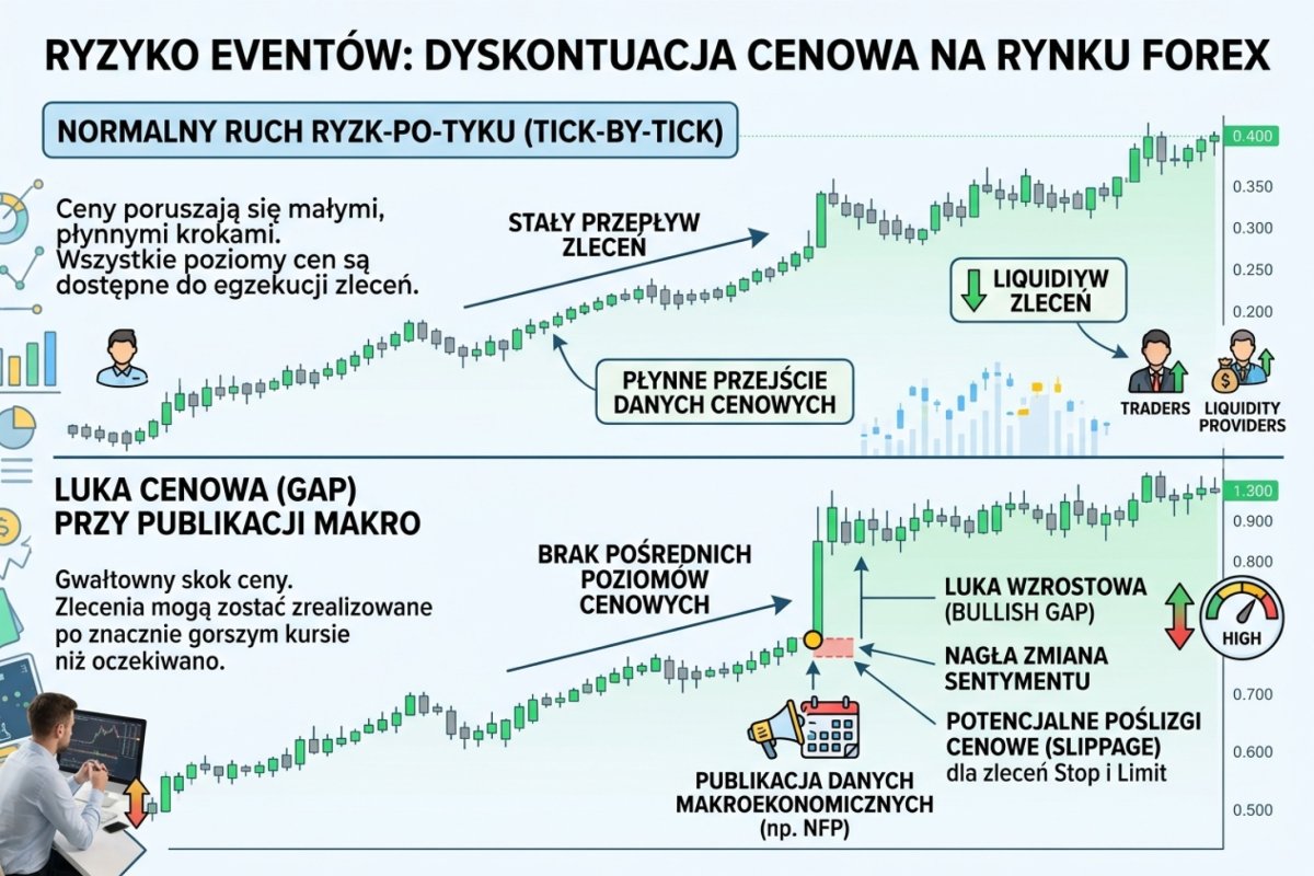 Event risk — dyskontynuacja cenowa: normalny ruch tick-po-ticku vs gap przy publikacji makro, gdzie cena skacze bez pośrednich poziomów