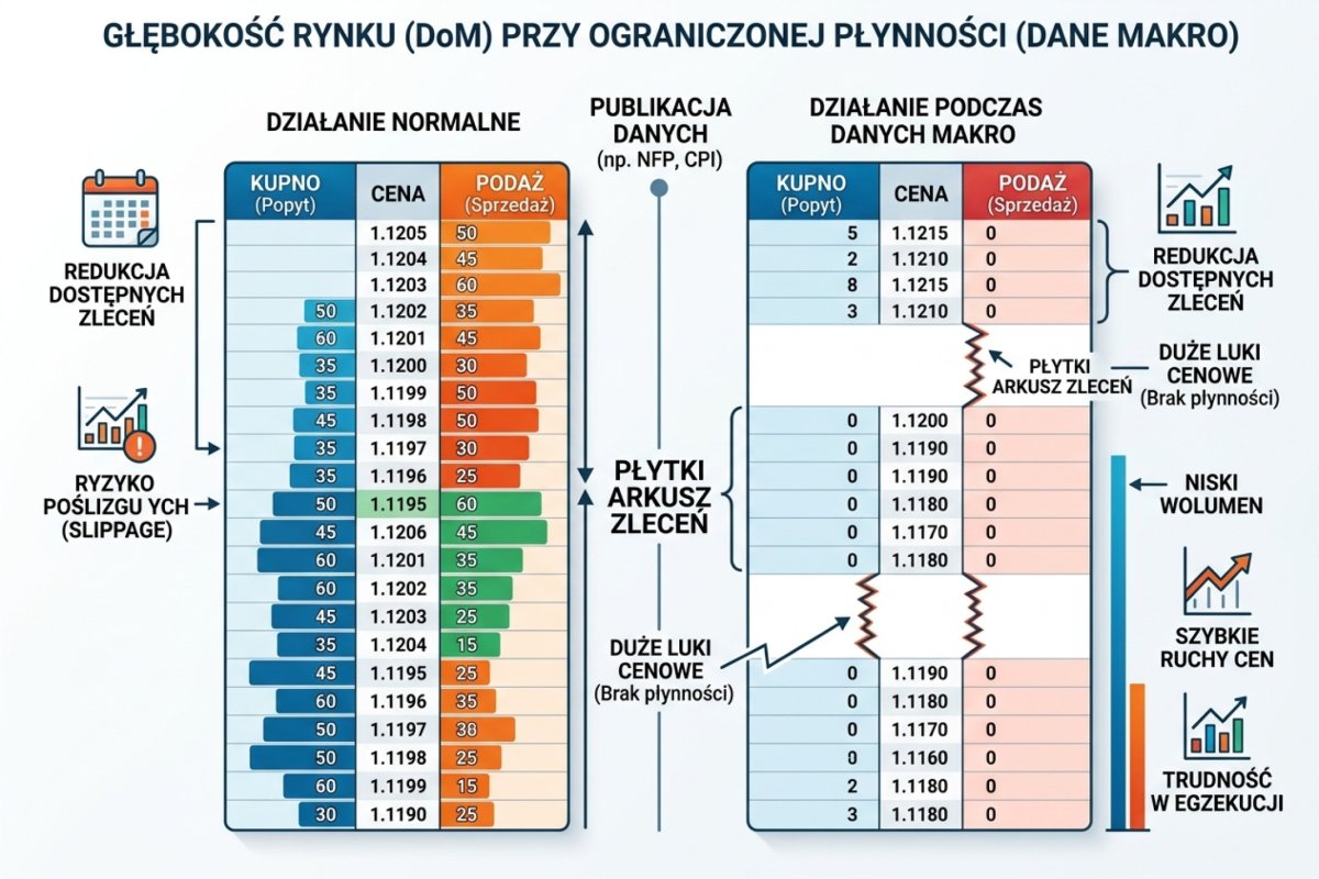 Schemat poglądowy: Depth of Market (DoM) z dramatycznie zredukowaną płynnością przy publikacji danych makro — płytki orderbook i luki między poziomami cenowymi