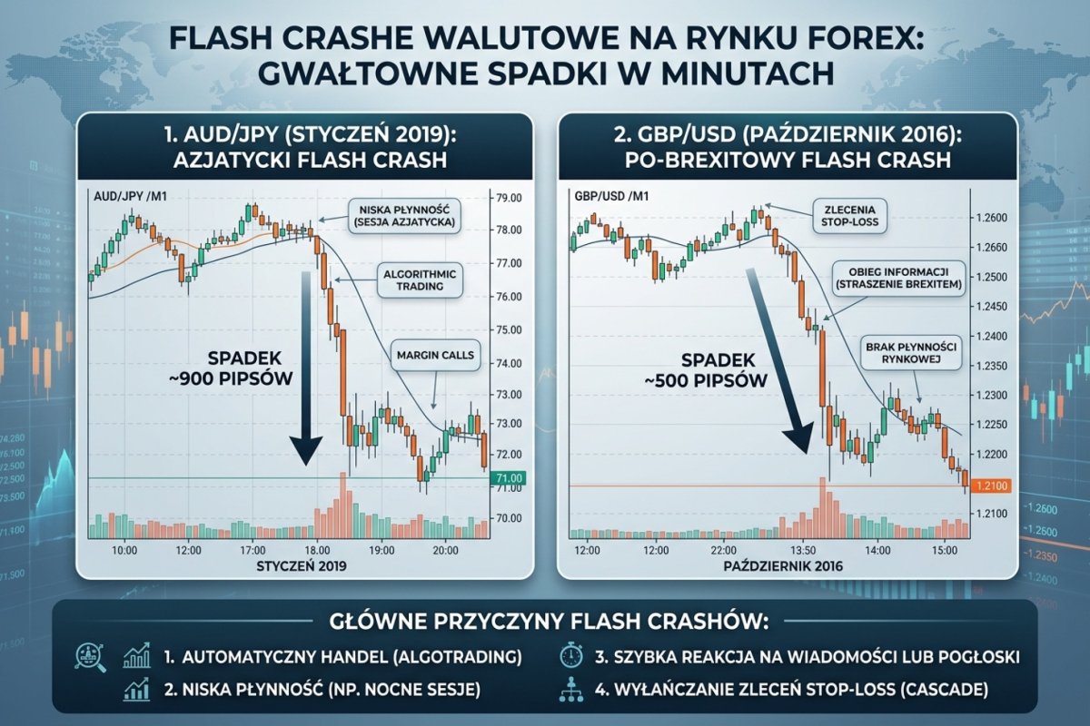 Flash crashe walutowe — wykres AUD/JPY styczeń 2019 i GBP/USD październik 2016: gwałtowne spadki o 500-900 pipsów w minutach