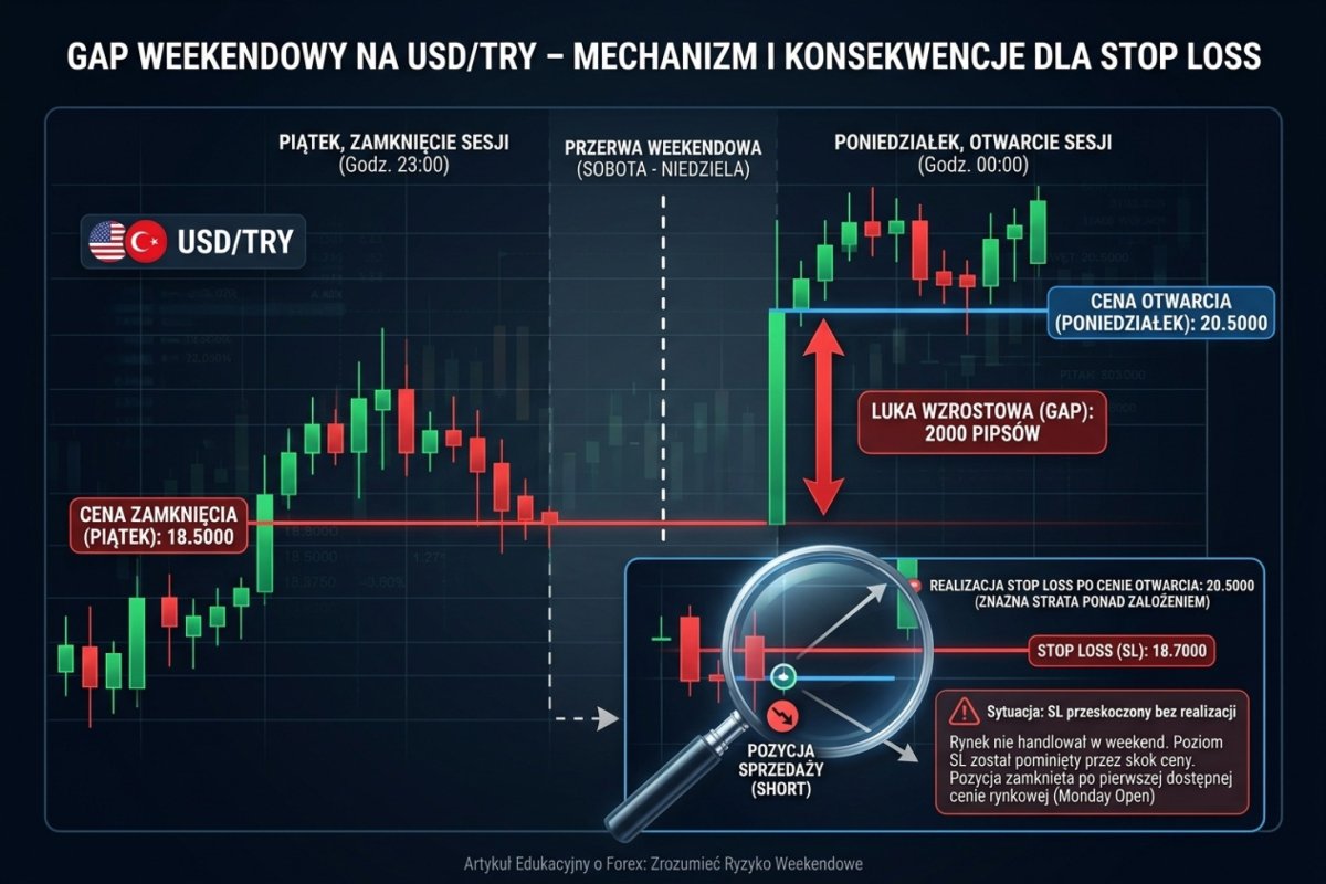 Gap weekendowy na USD/TRY — zamknięcie piątkowe vs otwarcie poniedziałkowe: luka 2000 pipsów, SL przeskoczony bez realizacji