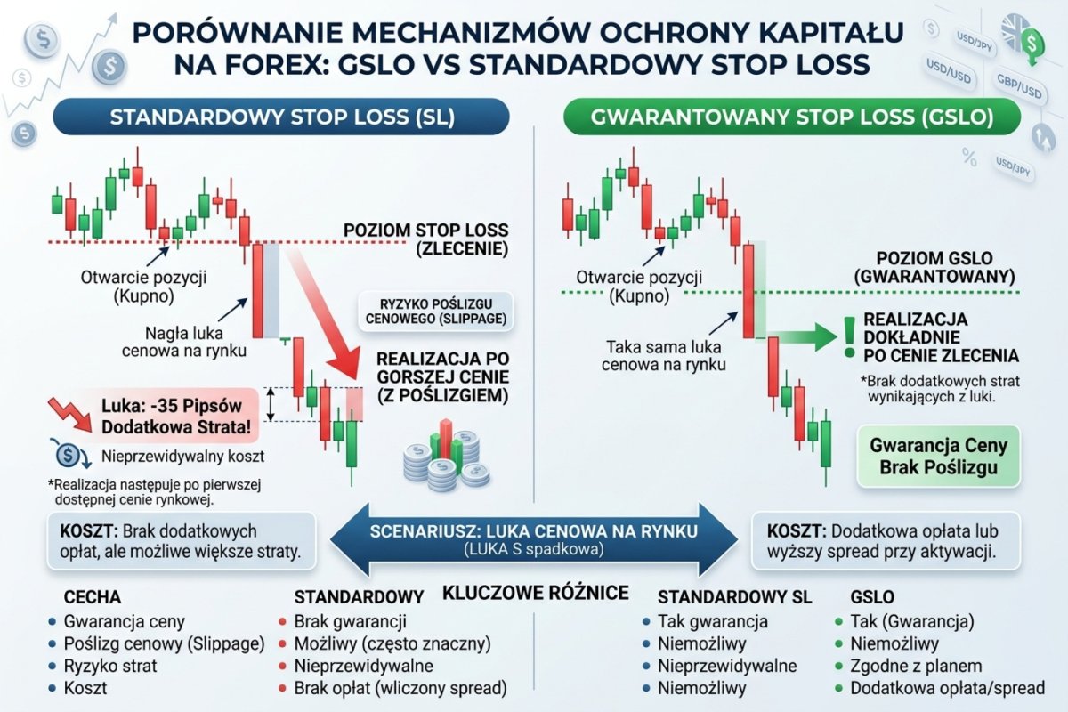 GSLO vs standardowy Stop Loss — porównanie: standardowy SL realizuje się z luką (slippage 35 pips), GSLO gwarantuje realizację po cenie zlecenia
