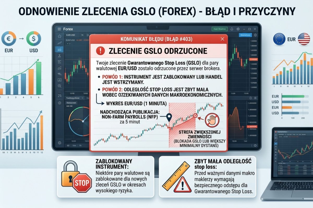 Komunikat błędu z platformy brokera: zlecenie GSLO odrzucone z powodu zablokowania lub zbyt małej odległości przed danymi makro