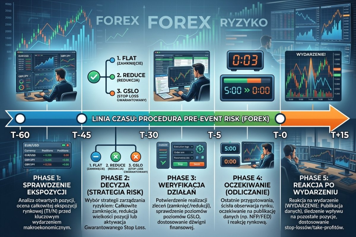 Procedura pre-event risk — oś czasu od T-60 min do T+15 min: sprawdzenie ekspozycji, decyzja flat/reduce/GSLO, weryfikacja, oczekiwanie