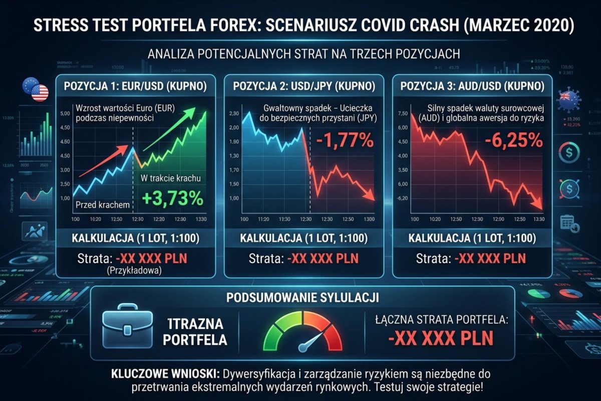 Stress test portfela Forex na scenariuszu COVID crash marzec 2020 — kalkulacja strat na trzech pozycjach: EUR/USD, USD/JPY, AUD/USD
