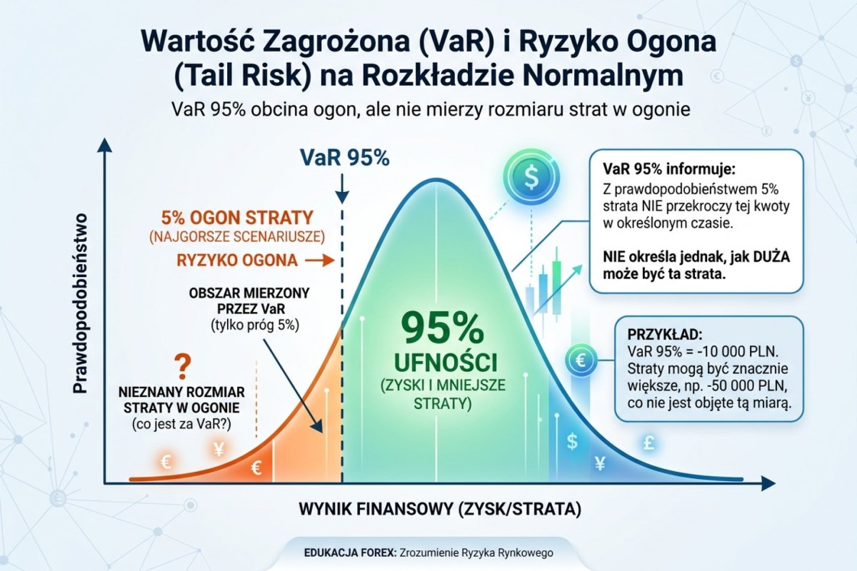 Value-at-Risk na rozkładzie normalnym — VaR 95% obcina ogon rozkładu, ale nie mierzy rozmiaru straty w obciętym ogonie (tail risk)