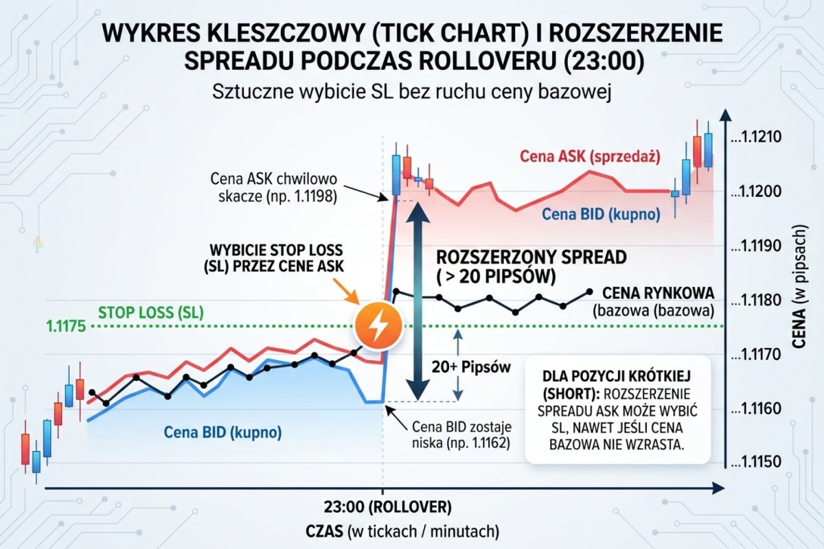 Wykres kleszczowy (tick chart) z nałożonymi liniami BID i ASK z godziny 23:00 (rollover) — widoczne rozjechanie się spreadu do 20+ pipsów wybijające SL bez ruchu ceny bazowej