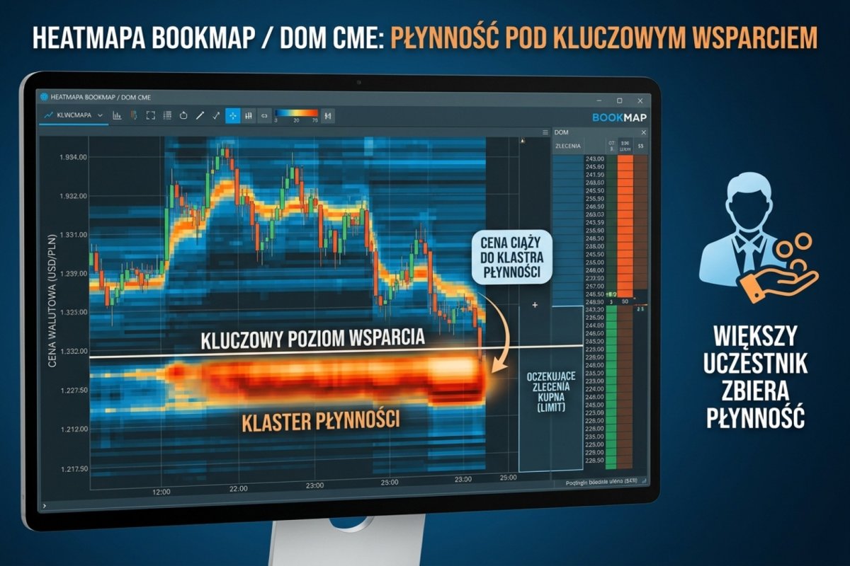 Heatmapa Bookmap / DOM CME pokazująca ścianę oczekujących zleceń (klaster płynności) pod kluczowym poziomem wsparcia — punkt, do którego cena ciąży zanim większy uczestnik zbierze płynność