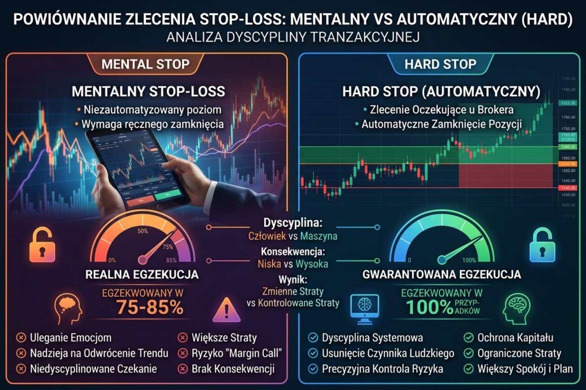 Mental stop vs hard stop — porównanie dyscypliny: hard stop egzekwowany w 100% przypadków, mental stop realnie egzekwowany w 75-85% przypadków
