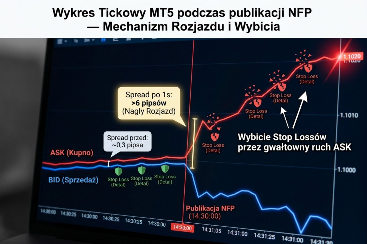 Tick chart MT5 podczas publikacji NFP — widoczne BID i ASK rozjeżdżające się z 0,3 do 6+ pipsów w sekundę publikacji, ze stop lossami detalu wybijanymi przez sam ruch ASK
